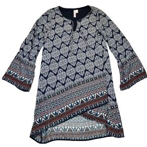 Aliya Tunic Dress Women Small Navy Blue Boho Paisley Bell Sleeve Tulip Hem USA